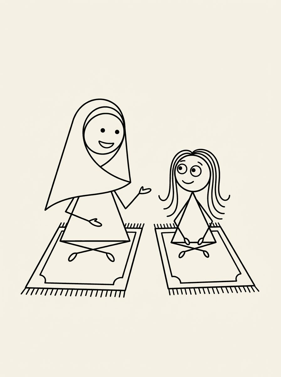 Mummy in a hijab and her daughter Aisha sitting on their own prayer mats, praying together — a sample illustration from the book.